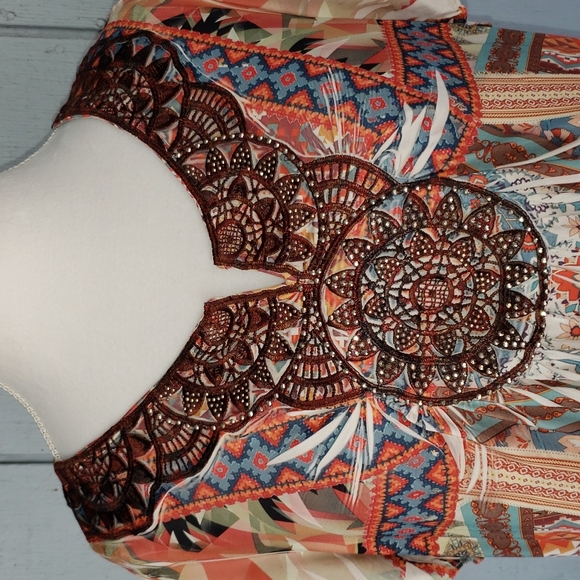 Floral Aztec Top. Lace. Vertical Lines. Vertical Stripes. Crepe - Picture 5 of 14